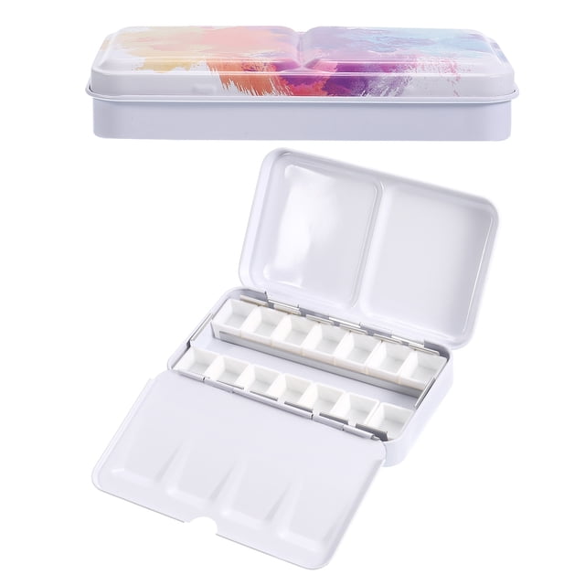 Paleta de acuarelas vacía Uxcell, lata de acuarela metálica con 14 medios pans, caja de pintura colorida de 14 pozos