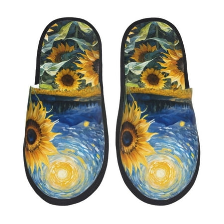 Balery Starry Sky Sunflower Slient Indoor Furry Fleece Comfort House Shoes Soft Non-Slip Home Shoes Cotton slippers House Slippers-- Medium