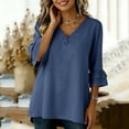 thumbnail image 5 of Womens Tops Ruffle 3/4 Sleeve Dressy Casual Shirts Solid Color V-Neck Tunic Summer Vacation Blouse Blue, 5 of 6