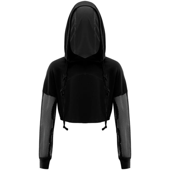 YONGHS Kids Girls Long Sleeve Hooded Sweatshirt Jazz Hip Hop Dance Performance Crop Top Black 16