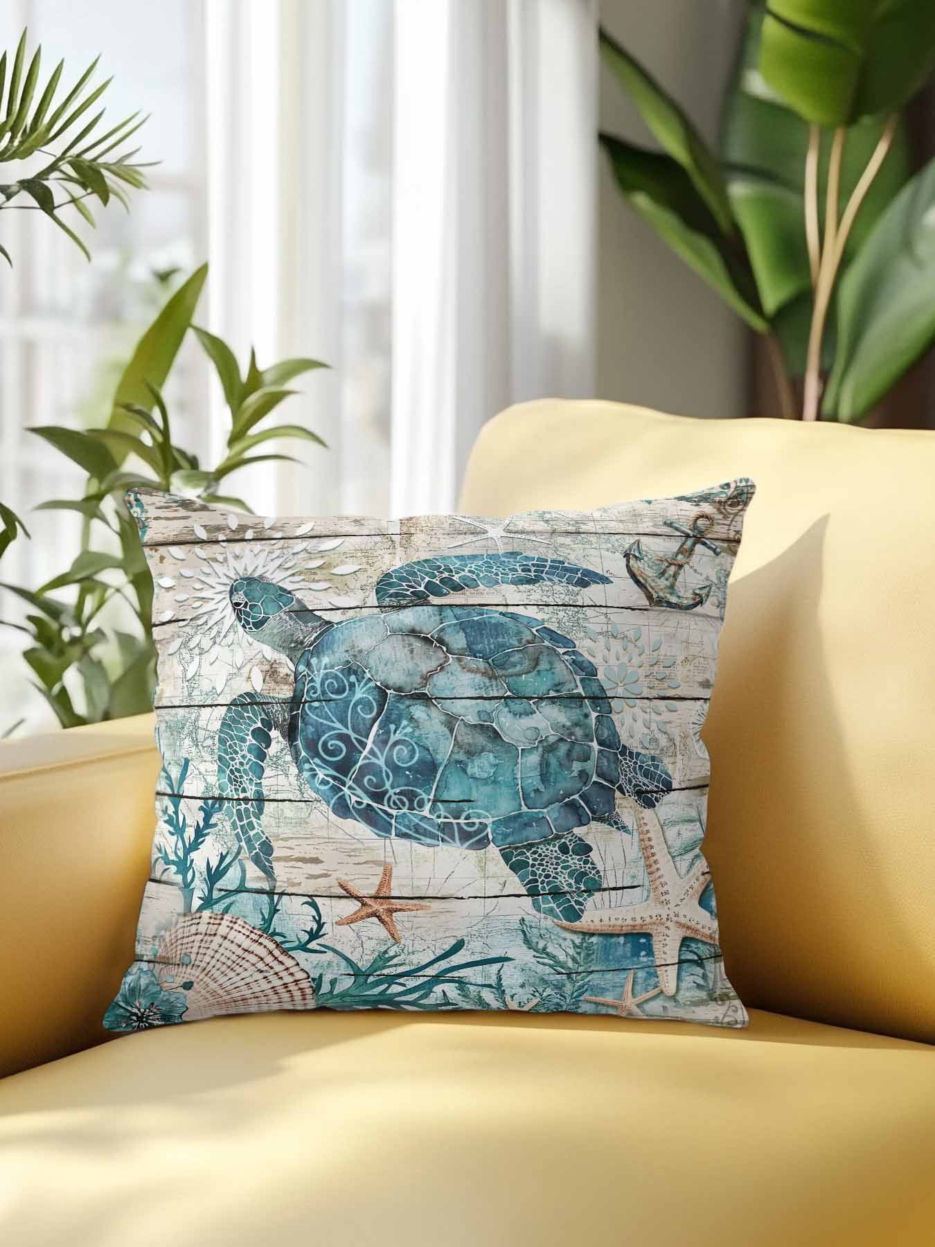 Outdoor Pillows Waterproof, Teal Sea Turtle Coastal Bedding Throw Pillows with Insert for Couch Sofa Bed, Summer Beach Nautical Starfish Retro 18x18 Inch Pillowcases Decorative Patio Pillow Set of 1