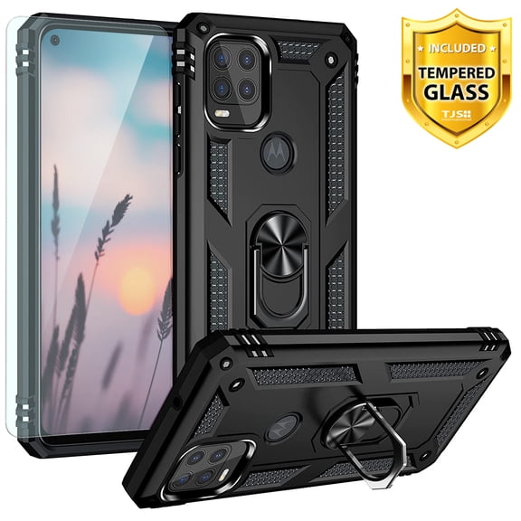 TJS Phone Case for Motorola Moto G Stylus 5G 2021 (Not Fit Moto G Stylus 2021), with [Tempered Glass Screen Protector] Resistant Metal Ring Magnetic Support Kickstand Protector Cover (Black)