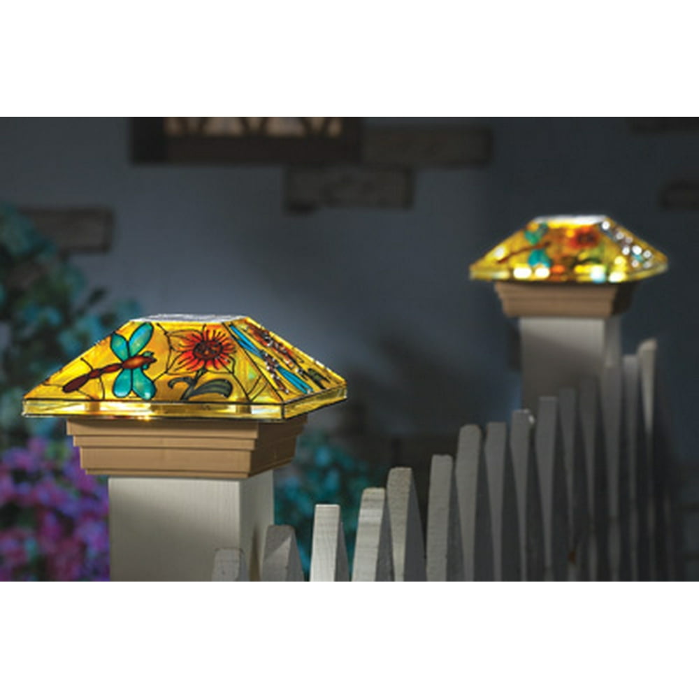 Solar Fence Stained Glass Effect Dragonfly Post Light Cap