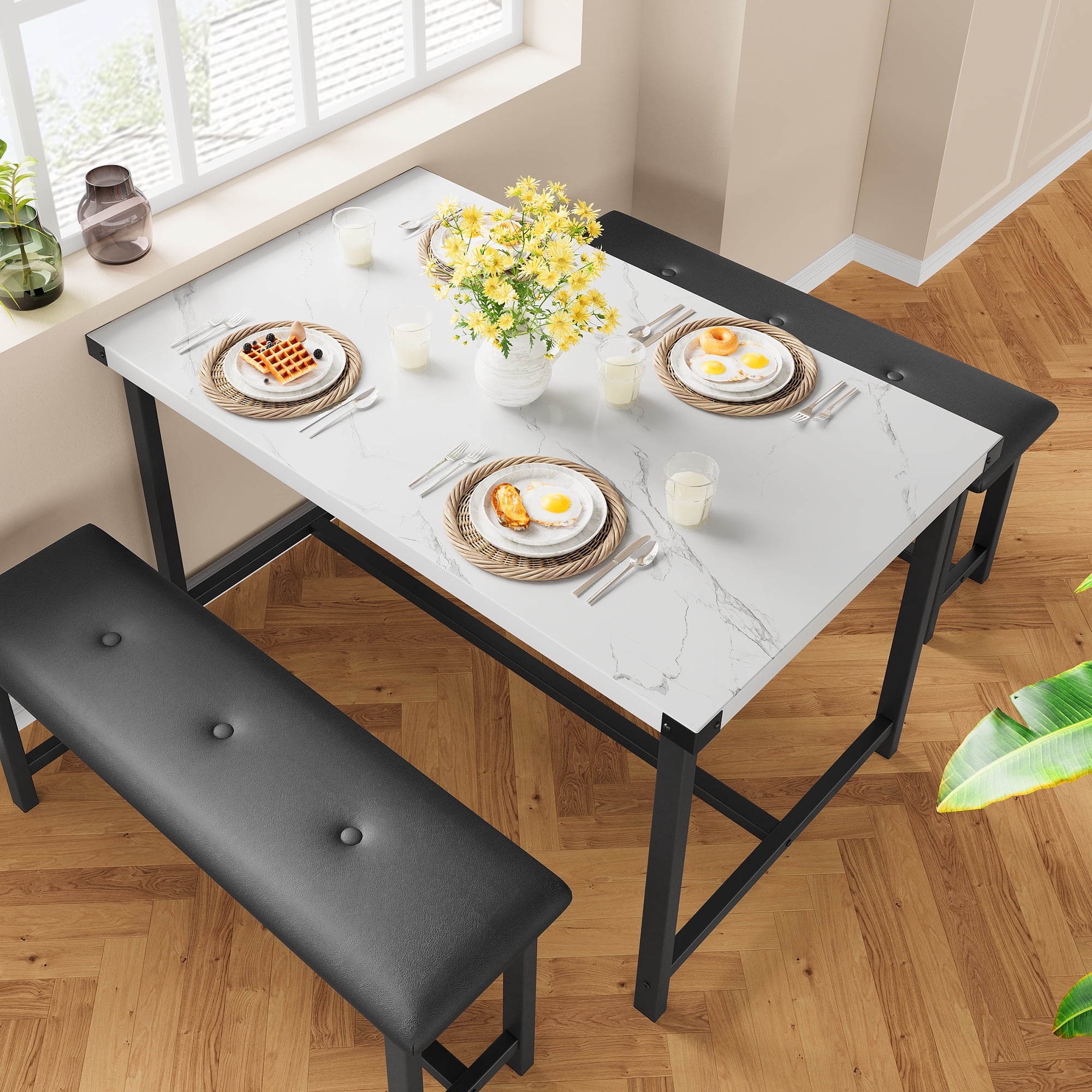 3-Piece Industrial Dining Table Set 44 inch Rectangular Wooden Kitchen Table 2 Tufted Upholstered Benches Metal Frame Space Saving for Small Spaces Apartment