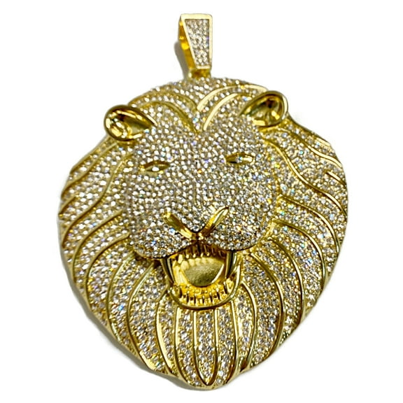 Mens Big Huge Lion Head Jumbo Size Hip Hop Pendant Iced 14K Gold Finish Flooded Out Charm