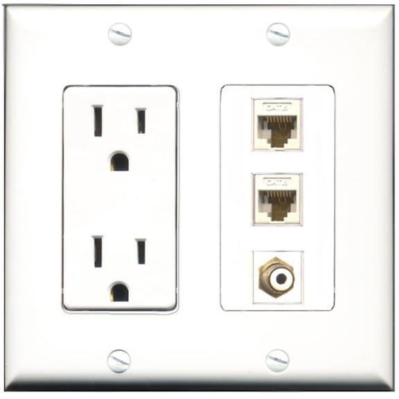 RiteAV - 15 Amp Power Outlet 1 Port RCA White 2 Port Cat6 Ethernet Ethernet White Decorative Wall Plate