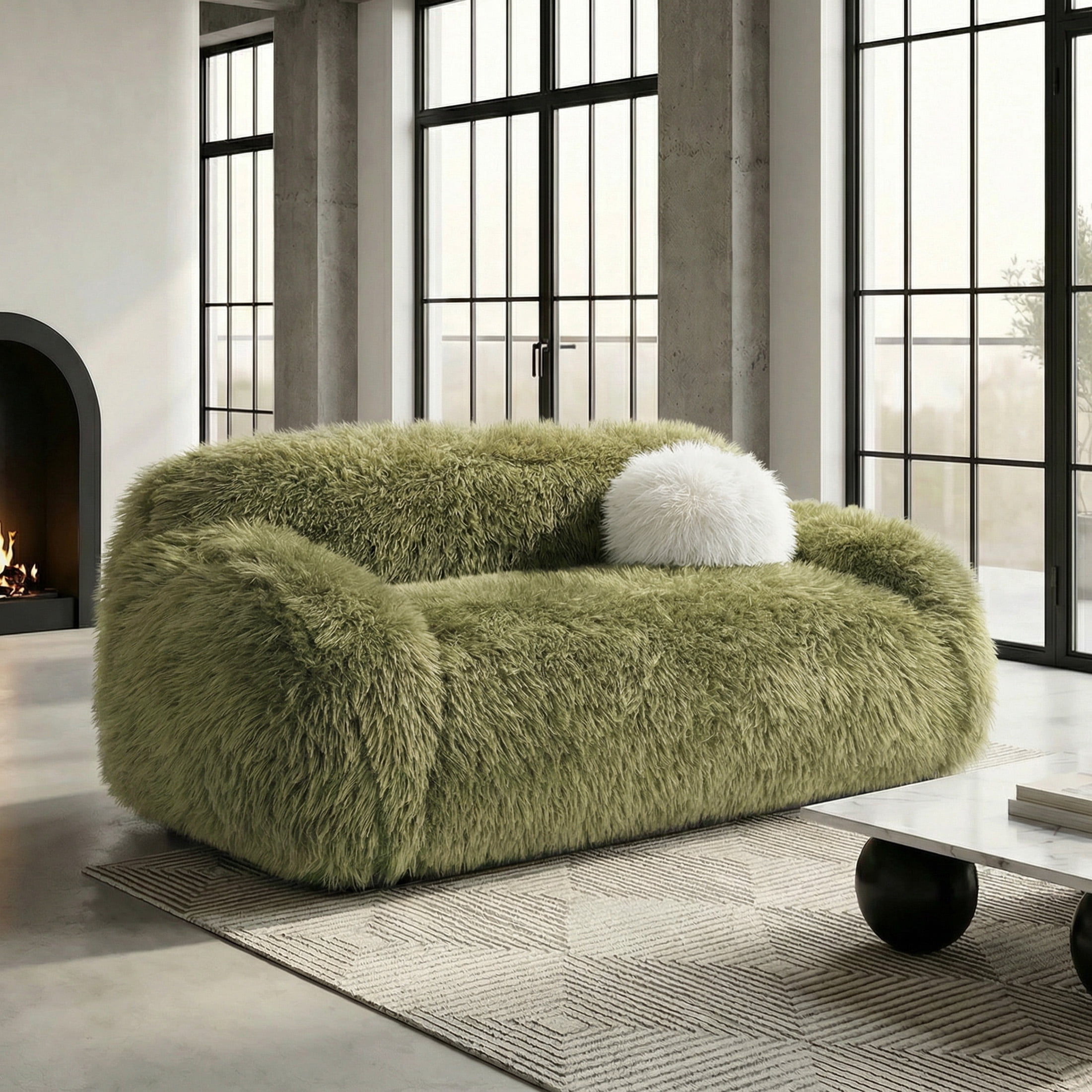 Aukfa Contemporary Plush Faux Fur Sofa, Could-Comfort Loveseat, 25" Deep Seat, Pet Friendly, Green