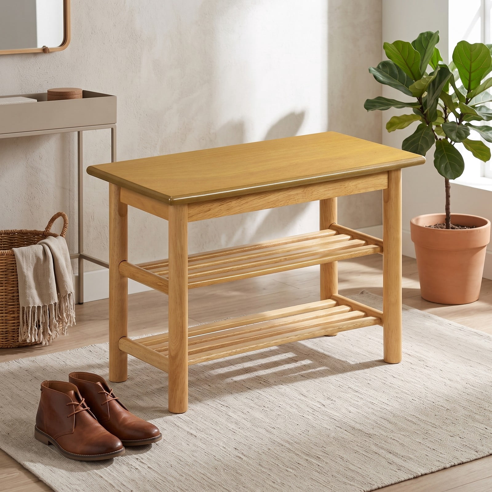 Furnibear 3-Tier Rubberwood Shoe Rack Bench with Wide Seat and Slatted Storage Shelves for Entryway Bedroom and Living Room, Natural