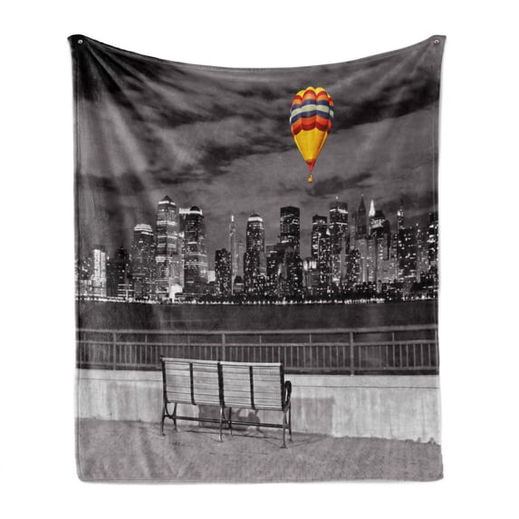 Black and White Soft Flannel Fleece Blanket, NYC Skyline from Liberty State Park with Vibrant Air Balloon in Sky Print, Cozy Plush for Indoor and Outdoor Use, 50" x 70", Multicolor, by Ambesonne