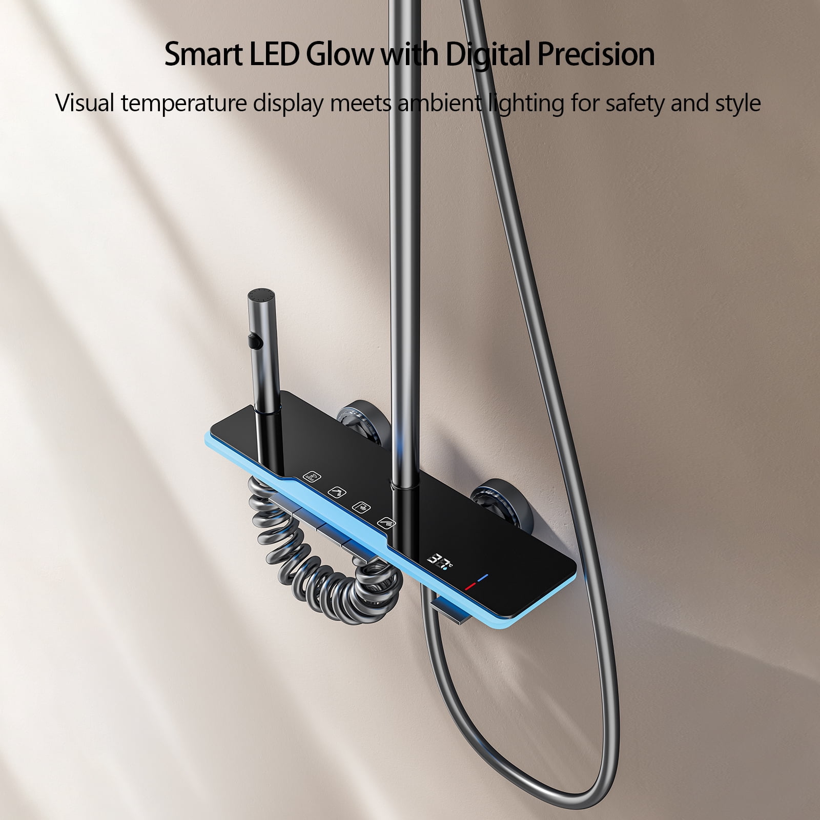 Shower System with Digital Temperature Display, Dual Shower Head Faucet Set with 12 Inch Rain Shower Head and Handheld Shower Head Fixtures, LED Piano Keys, 4 Water Outlet Modes, Gray