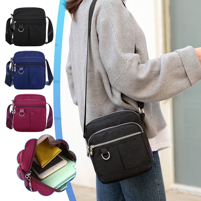 Bandolera para mujeres y hombres | Bolso de hombro multicompartimento de nylon | Material de tela ligera • Tamaño medio • Viajes informales, compras, senderismo, running | Bolsillos seguros con
