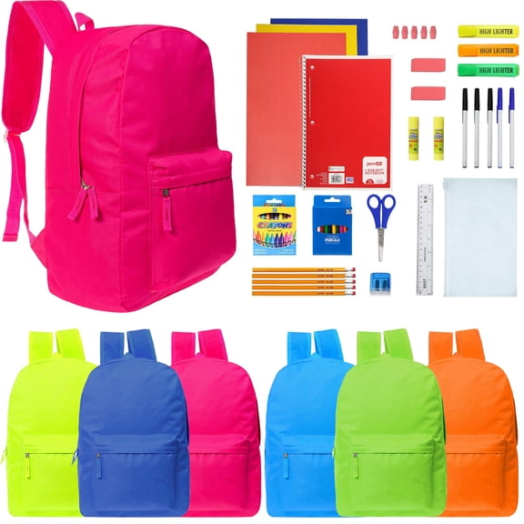 Moda West 17 Inch Bulk Backpacks with School Supply Kit - Case of 12 Wholesale Backpacks Assorted Colors