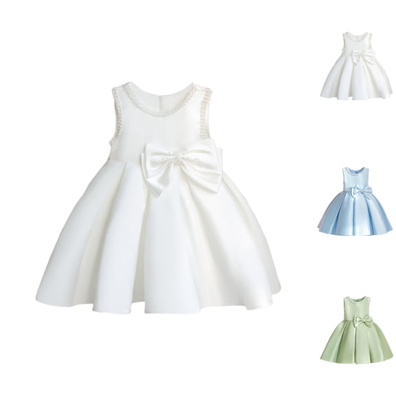 HJYCHN Dresses for Girls Sleeveless White Party Dress with Pearl and Large Bow for Toddler Dress 4 Years