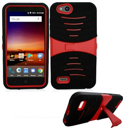 Phone Case For Consumer Cellular ZTE Avid 557 / Case for Blade Vantage Z839 Verizon PREPAID  /  Tempo X N9137 / ZTE Avid-4 Rugged Heavy Duty Armor Cover Stand (Armor Case Black skin-Red