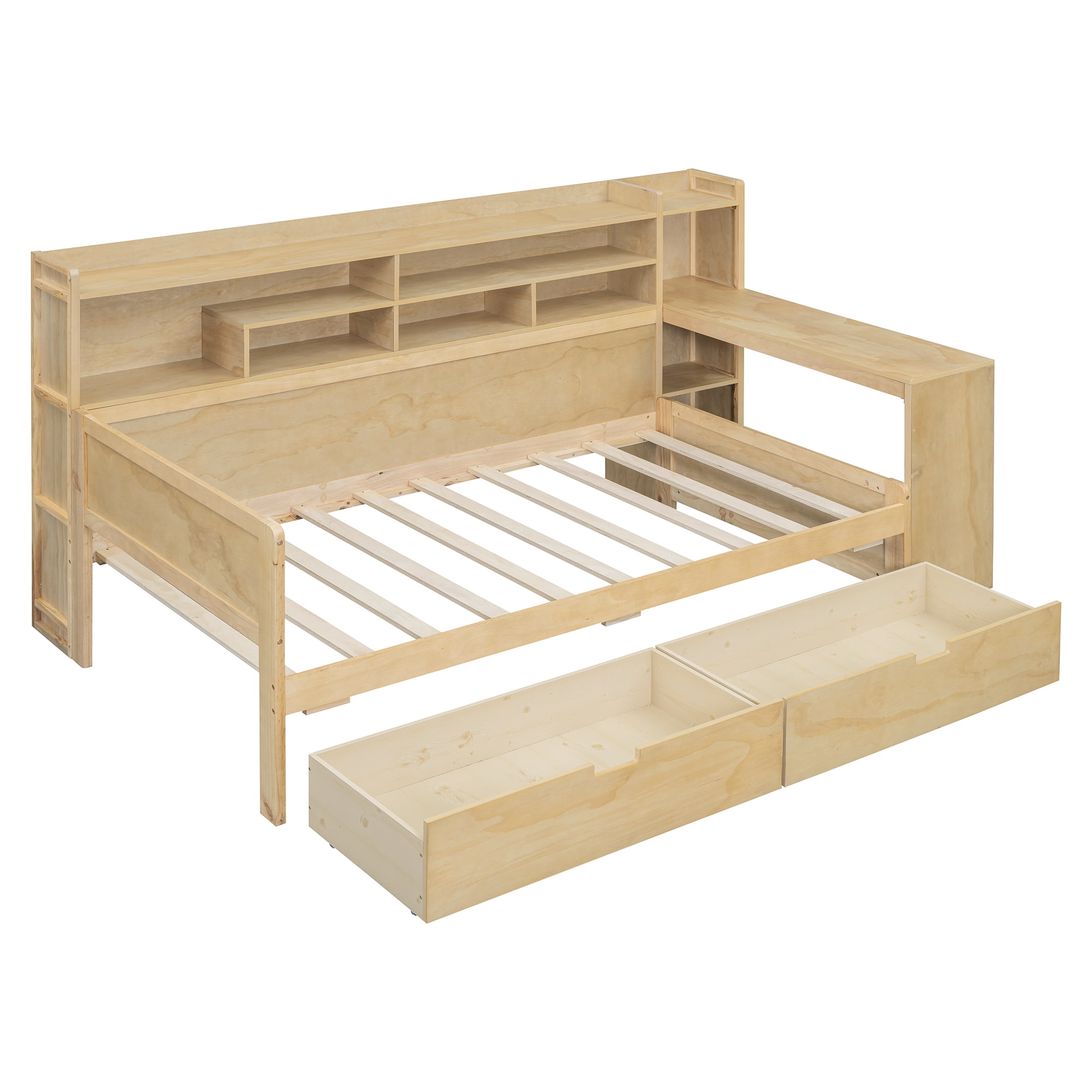 Euroco Wood Twin Size Daybed with Bookcase, Functional Shelves and Drawers for Bedroom, Natural