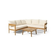 GDF Studio Brooklyn Outdoor Acacia Wood 5 Seater Sectional Sofa Chat Set with Cushions, Teak and Beige