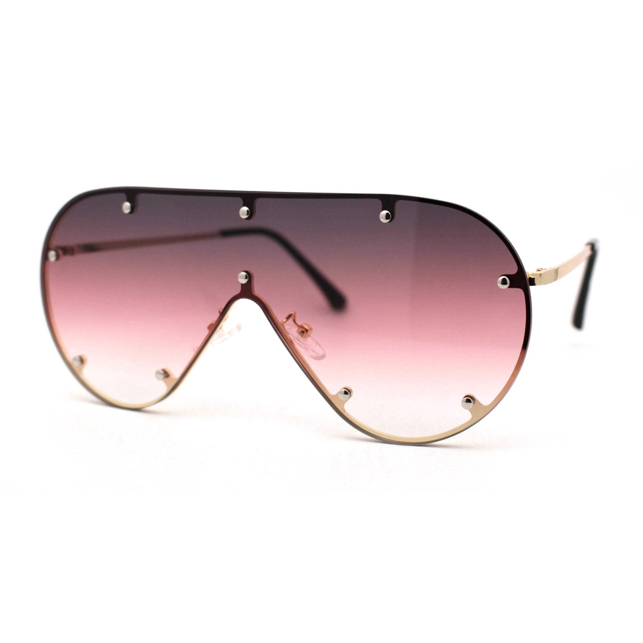 Metal Stud Brow Line Flat Top Rimless Shield Racer Sunglasses Gold Purple  Pink