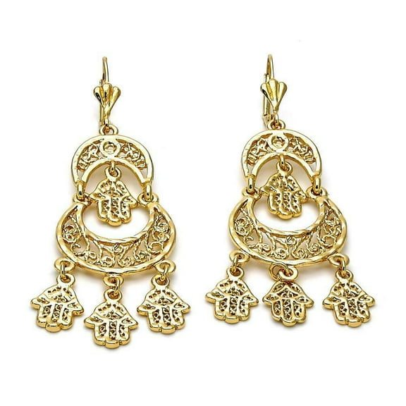 14 K Gold Plated 3" Long Chandelier Dangle Filigree Earrings Hamsa Design