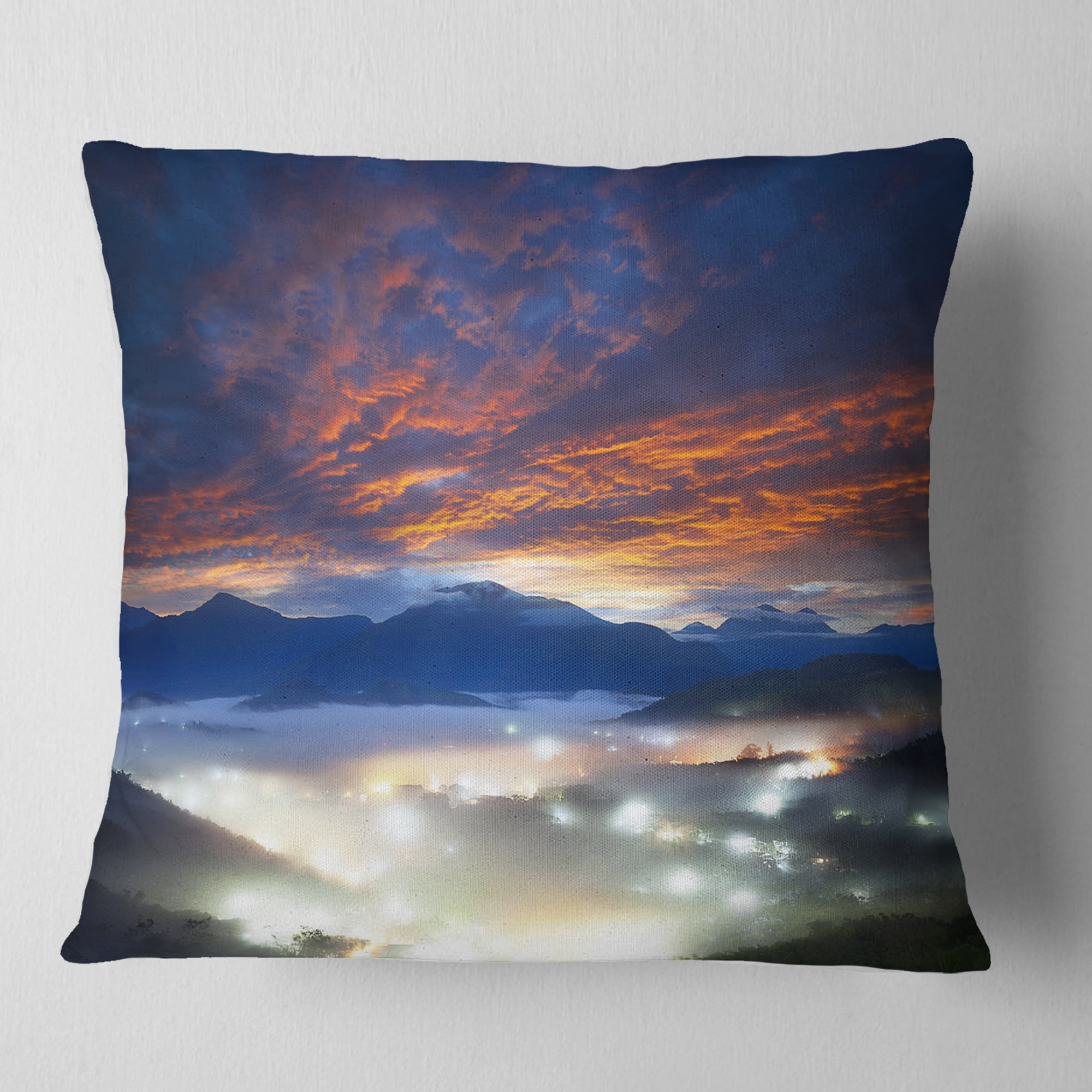 Designart Fiery Clouds and Lit up Villages - Landscape Photo Throw Pillow - 16x16