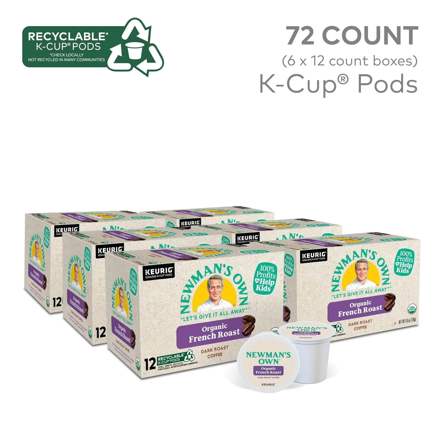 Newman's Own Organics French Roast Keurig Single-Serve K-Cup Pods, Dark Roast Coffee, 72 Count (6 Packs of 12)
