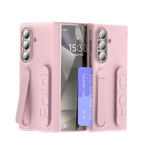 Allytechgroup Wallet Case for Samsung Galaxy Z Fold 5, with Build in Screen Protector Card Slot Shockproof Kickstand Drop Protection Anti-Scratch Anti-Fingerprint Wrist Band Cover for Women Men,Pink