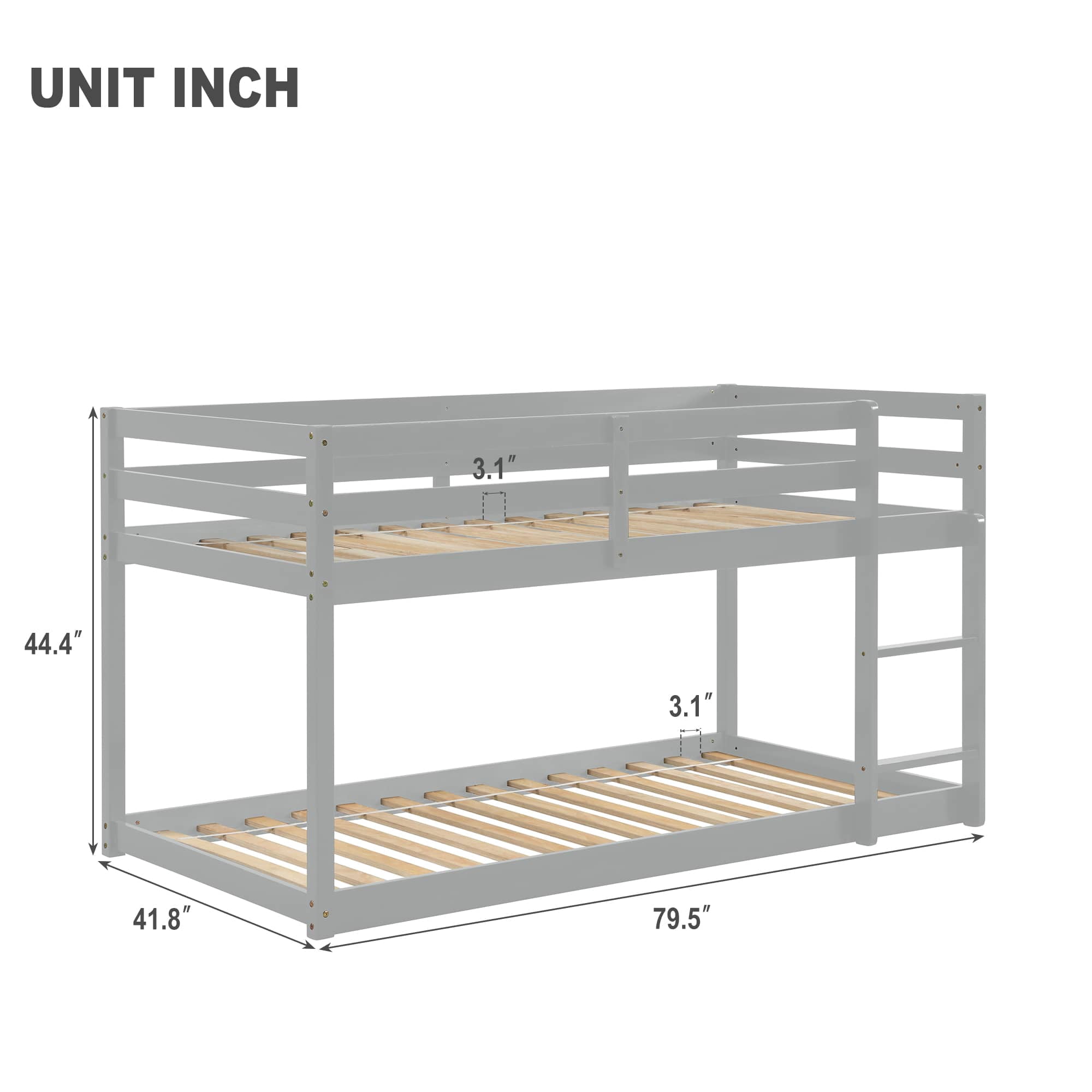 MAYEERTY Twin over Twin Floor Bunk Bed, Wood Bed Frame, Grey