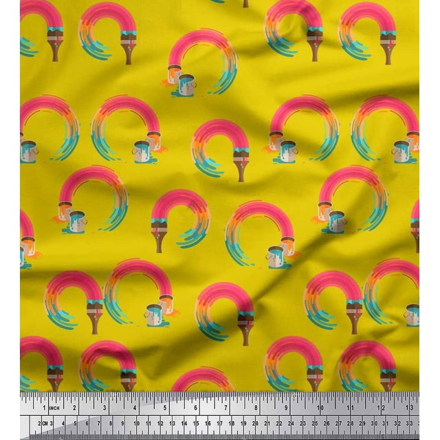 Soimoi Yellow Georgette Viscose Fabric Paint Brush Abstract Decor Fabric Printed Yard 42 Inch Wide