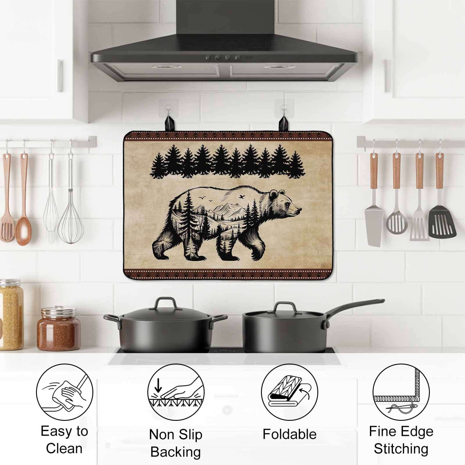 Brown Black Bear Stove Top Cover for Electric Stove, Heat-proof & Non Slip Glass Top Stove Cover Protector, Farmhouse Cabin Forest Vintage Kitchen Flat Cooktop Rubber Mat 24x21 Inches