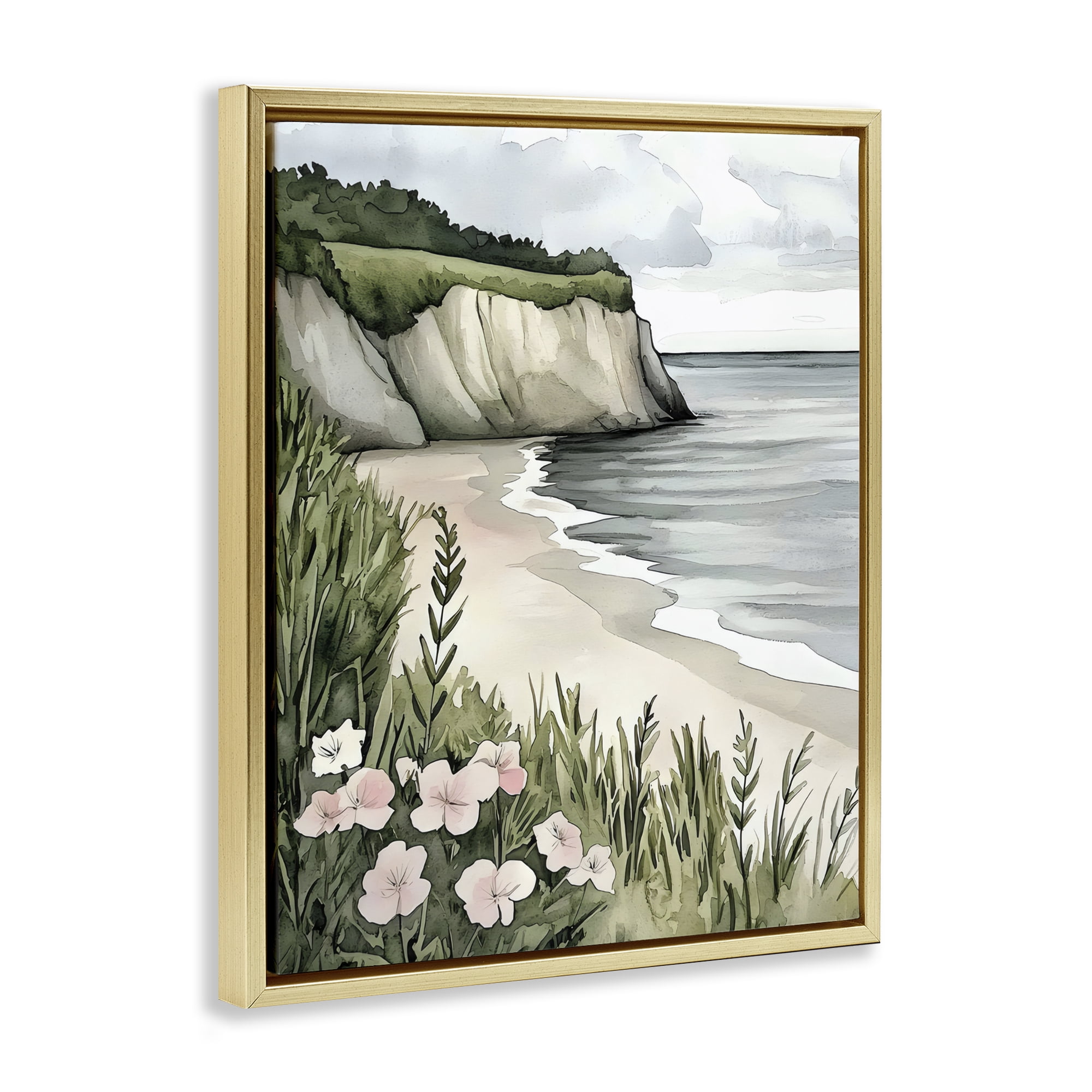Stupell Industries Coastal Calm with Floral Blooms Gold Framed Floater Canvas Wall Art, design by Riley B
