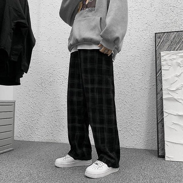Pantalones informales a cuadros a la moda para primavera y otoño, pantalones de pana Vintage Ins de calle alta para hombre, pantalones holgados de pierna ancha