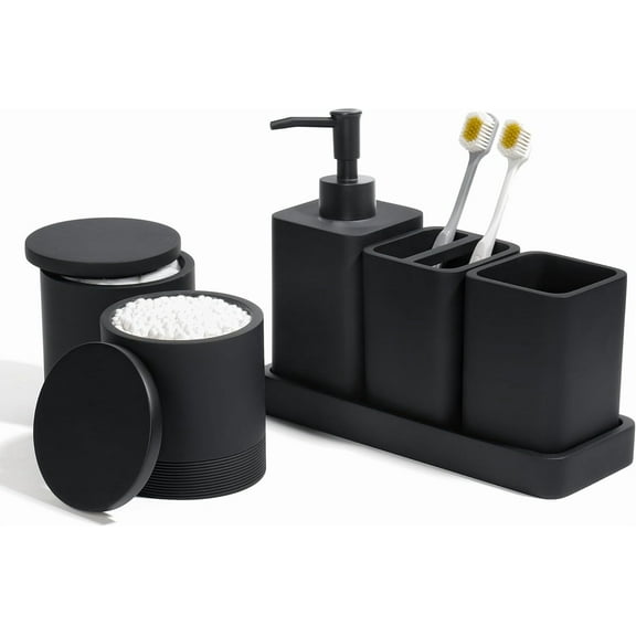 Bathroom Accessories Set, 6 Piece Bathroom Set with Toothbrush Holders, Soap Dispenser, Vanity Tray, Tumbler, Cotton Swab Jars, Bathroom Organizer,Bathroom Sink Sets, Matte Black