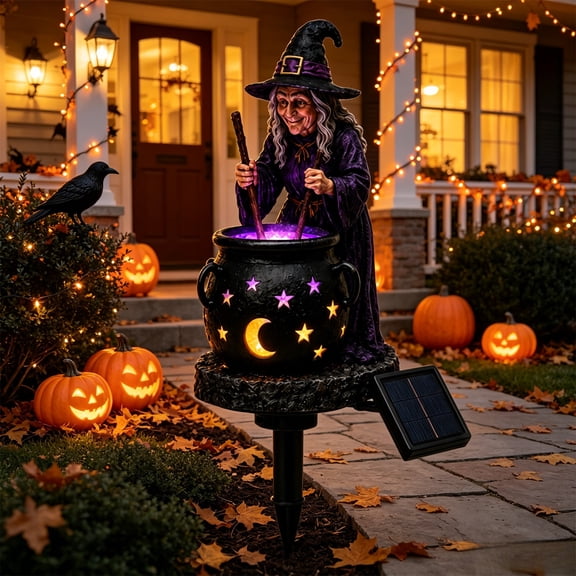 Halloween Witch Cauldron Garden Light, Witch Lamp Halloween Decorations Outdoor, Scary Garden-Stake Flying Witch Horror Decor for Yard, Garden, Walkway