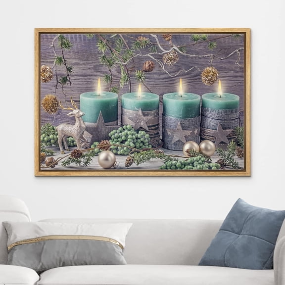 IDEA4WALL Framed Canvas Art Wall Decor Merry Christmas Green Candles Ornaments Pictures Home Wall Decorations Chic Photography Festival Holidays Print for Dorm Home Office - 16"x24" Natural