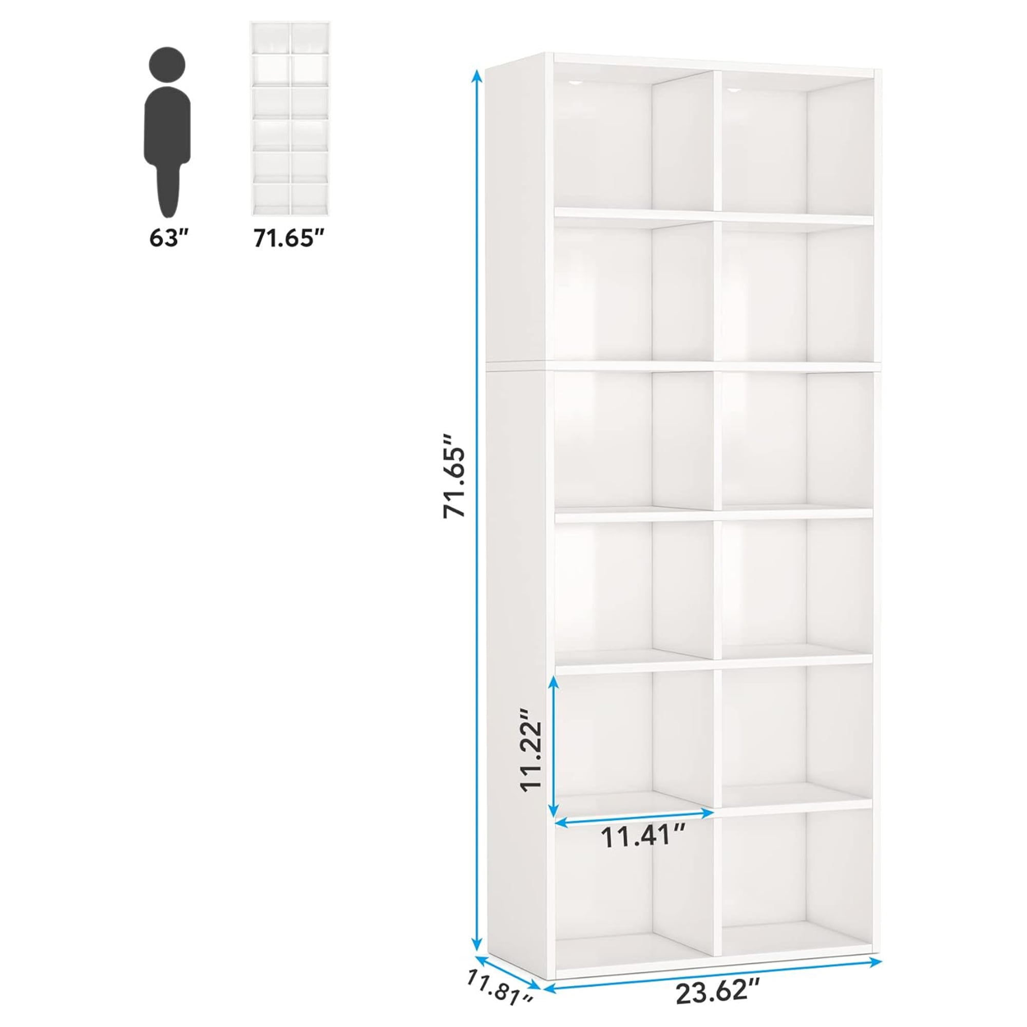 KIOOTTO 12-Cube Storage Organizer, 72" Tall Modern Bookcase and Display Shelf, Vertical or Horizontal Placement for Home Office & Living Room, White