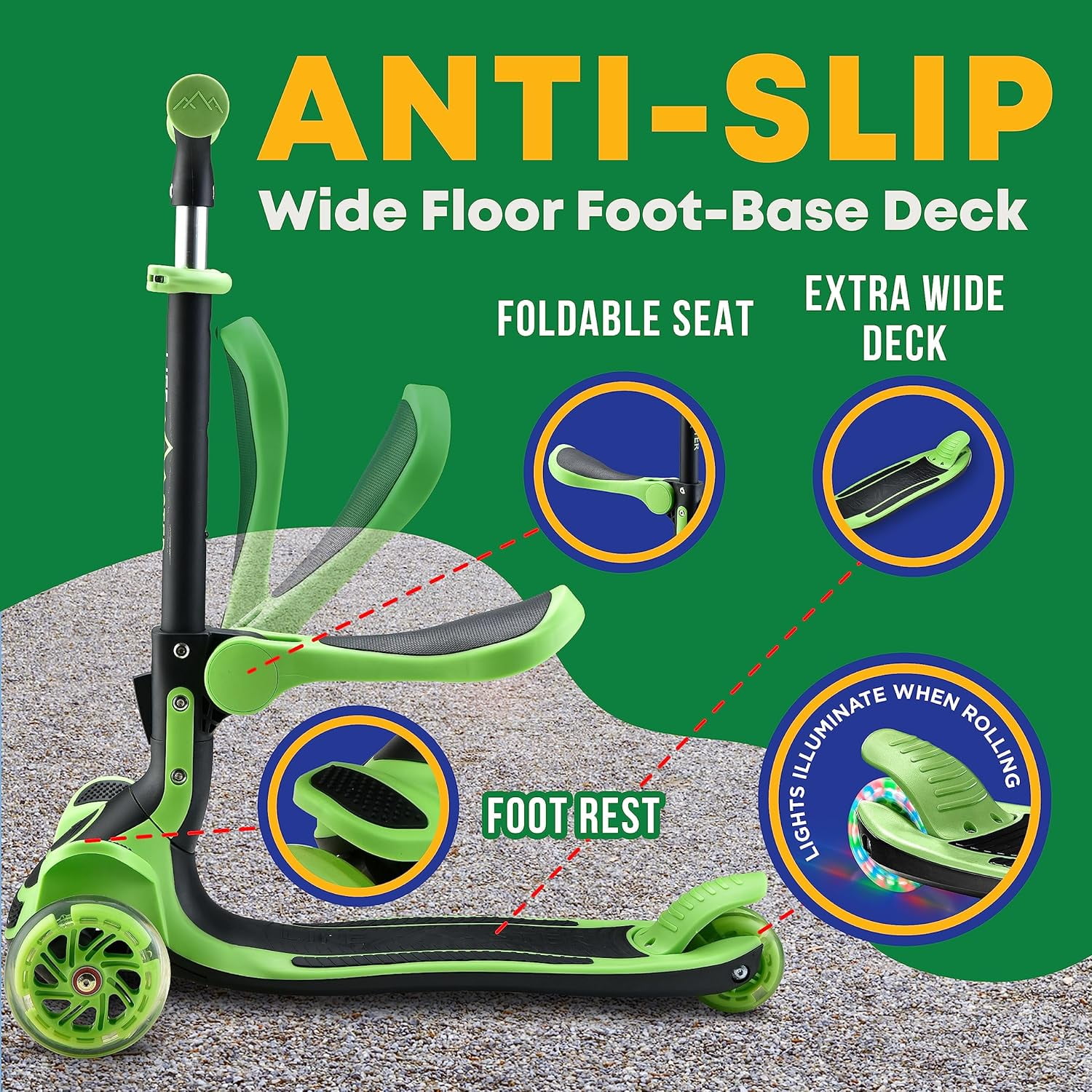 Kids Scooter – Foldable Seat – LED Wheel Lights Illuminate When Rolling – Children and Toddler 3 Wheel Kick Scooter – Adjustable Handlebar – Indoor and Outdoor- Green - by Lifemaster