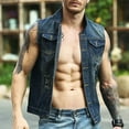 thumbnail image 2 of BiZtdJrK Mens Casual Denim Vests Ripped Button Down Sleeveless Jean Jackets Lapel Slim Fit Fashion Streetwear Vest with Pockets Dark Blue L, 2 of 10