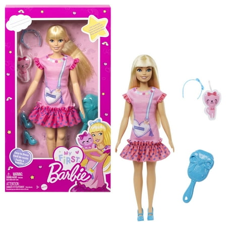 My First Barbie Doll for Preschoolers, 'Malibu' Blonde Posable Doll with Kitten and Accessories