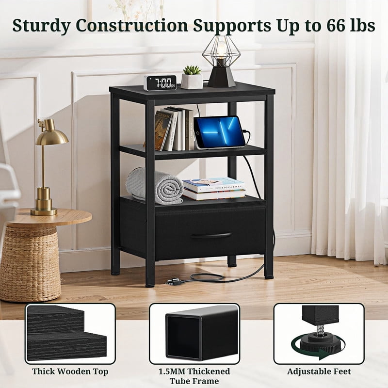 Kelno 2PCS Nightstand with Fabric Drawer Charging Station USB TypeC Outlets Small Bedside Table with Adjustable Shelf, Black