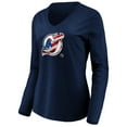thumbnail image 2 of Women's Navy New Jersey Devils Banner Wave Logo Long Sleeve V-Neck T-Shirt, 2 of 3