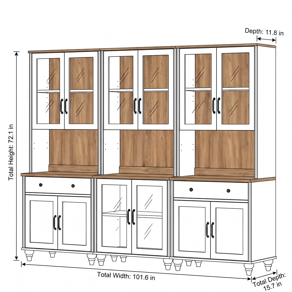 Sideboard Buffet Cabinet with Storage, 5-Tier Bookcase with Glass Doors, Large Library Wooden Bookshelves for Living Room, Office, Study Room, White, 72" H
