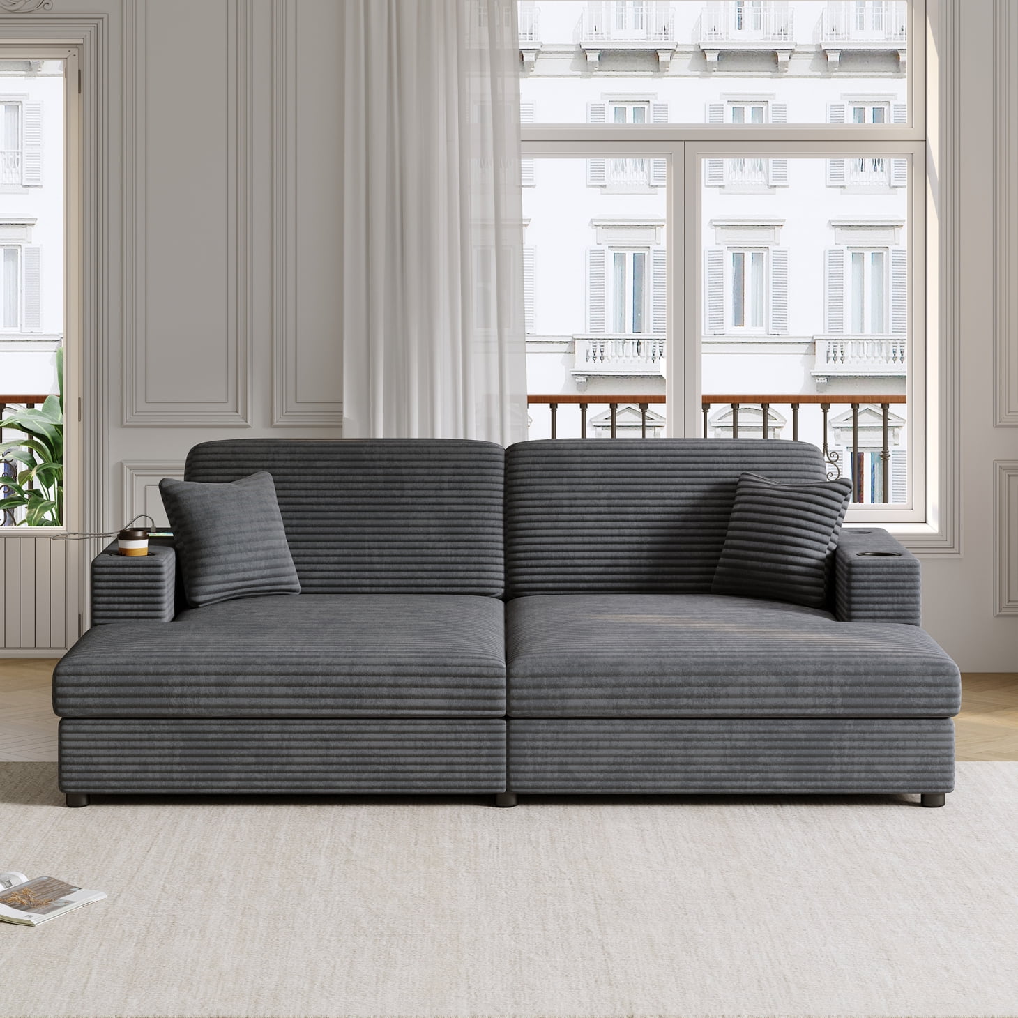 86.5" Oversized Double Lounge Chaise, Upholstered Corduroy Loveseat with 2 Cup Holders and 2 USB Ports, Modern Deep Seat Cloud Couch with Throw Pillows for Living Room, Dark Gray