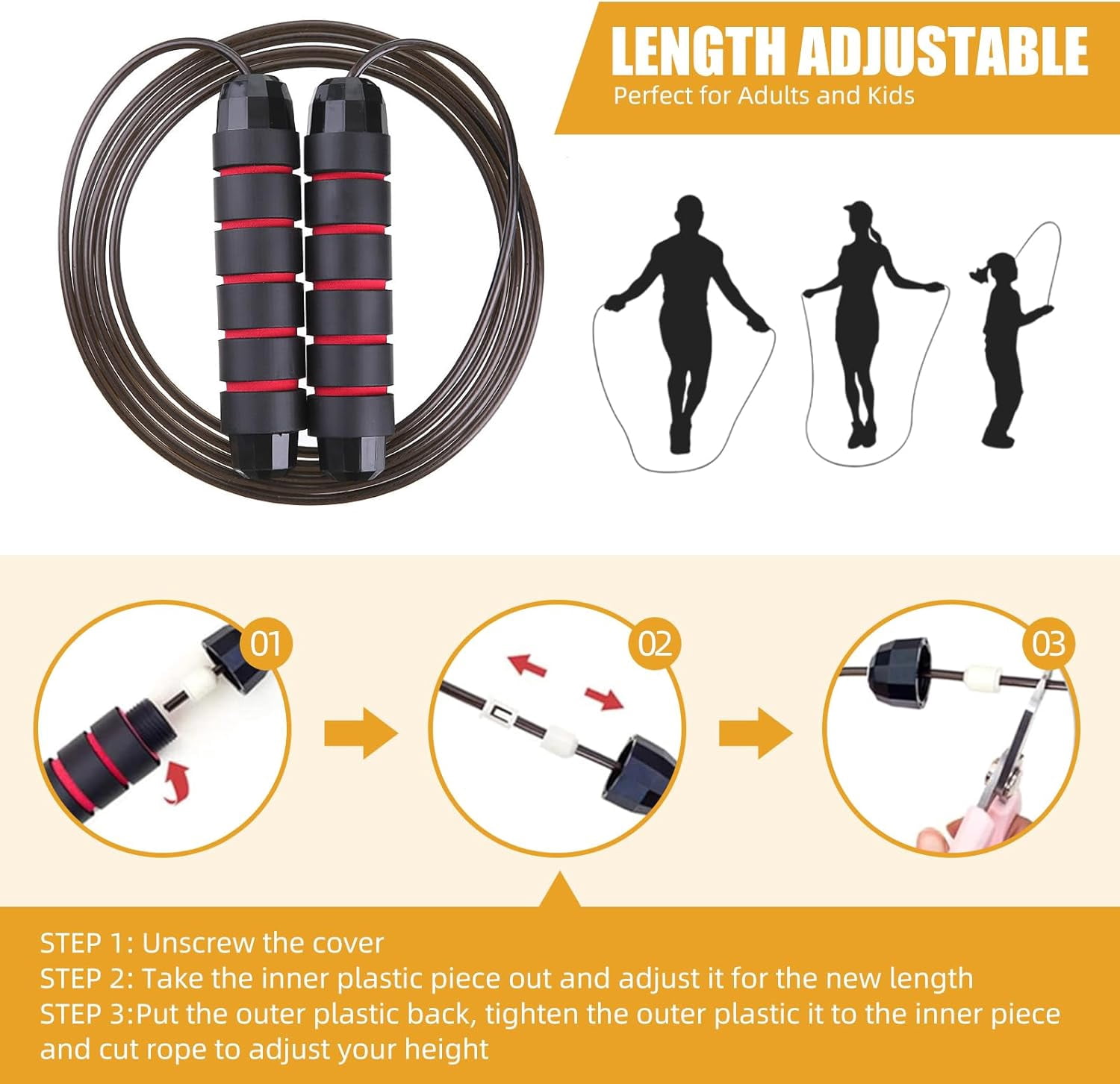 Adjustable Jump Ropes for Fitness, Tangle-Free Jumping Rope, Swivel Speed Skipping Rope with Comfortable Foam Handles, Steel Workout Jump Ropes for Women Men Home Gym Exercise & Slim Body