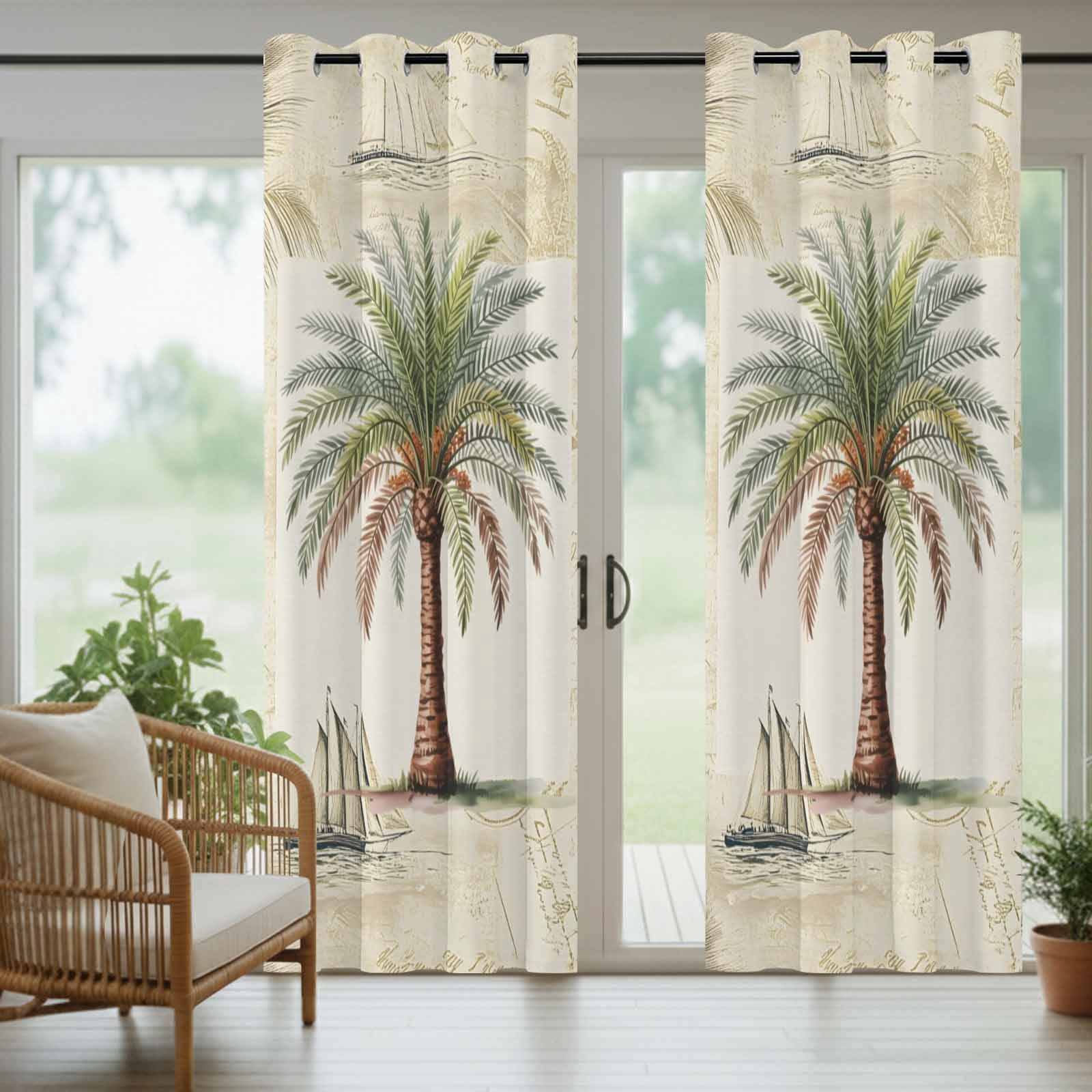 Tropical Palm Tree Outdoor Curtains for Patio, Vintage Summer Coastal Palm Tree Sunshade Privacy Drapes Grommet Waterproof Outside Curtains for Porch/Cabana/Balcony 54"x 108", 1 Panel