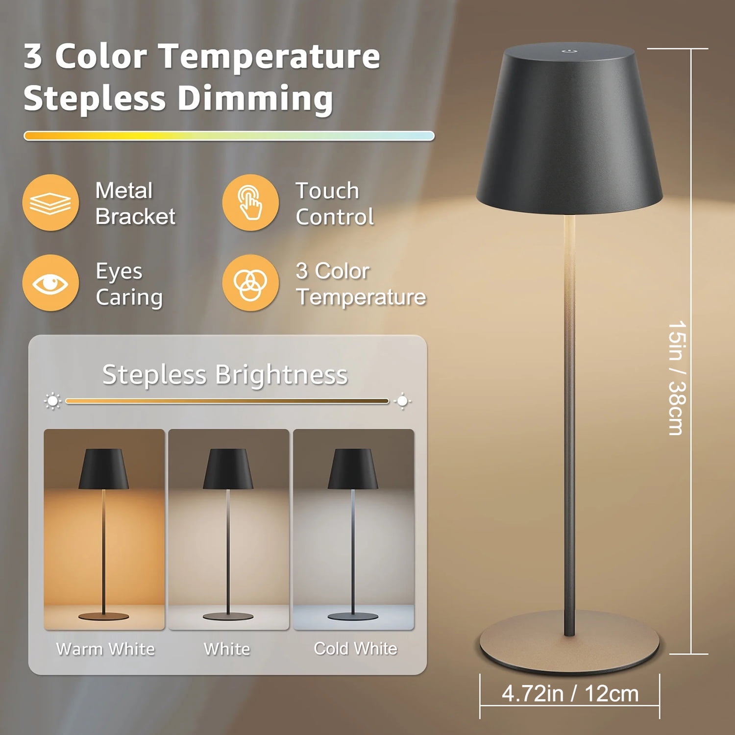 Postlucky 2 Pack 15" Cordless Table Lamp with LED, Touch Control, Dimmer, Plastic Shade, Metal Base, Matte Black