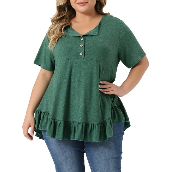 Agnes Orinda Plus Size T Shirts for Women Henley V Neck Button Up Short Sleeve Ruffled Hem Blouses Tops 2X Dark Green