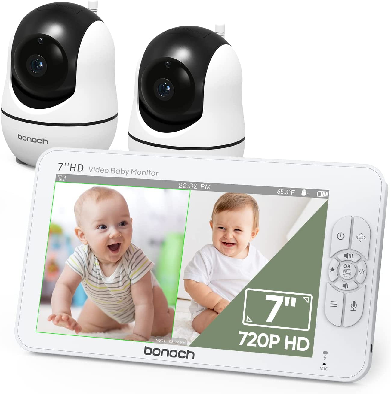 BONOCH Baby Monitor with 2 Cameras, 7" 720P HD Split Screen Video Baby Monitor No WiFi, Remote