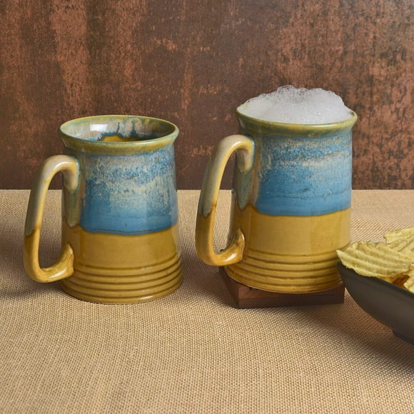 Dual Glazed Studio Pottery Ceramic Beer Mugs Set Of 2 - 650ml, Mustard Yellow & Teal | Milk Mugs | Coffee Mugs