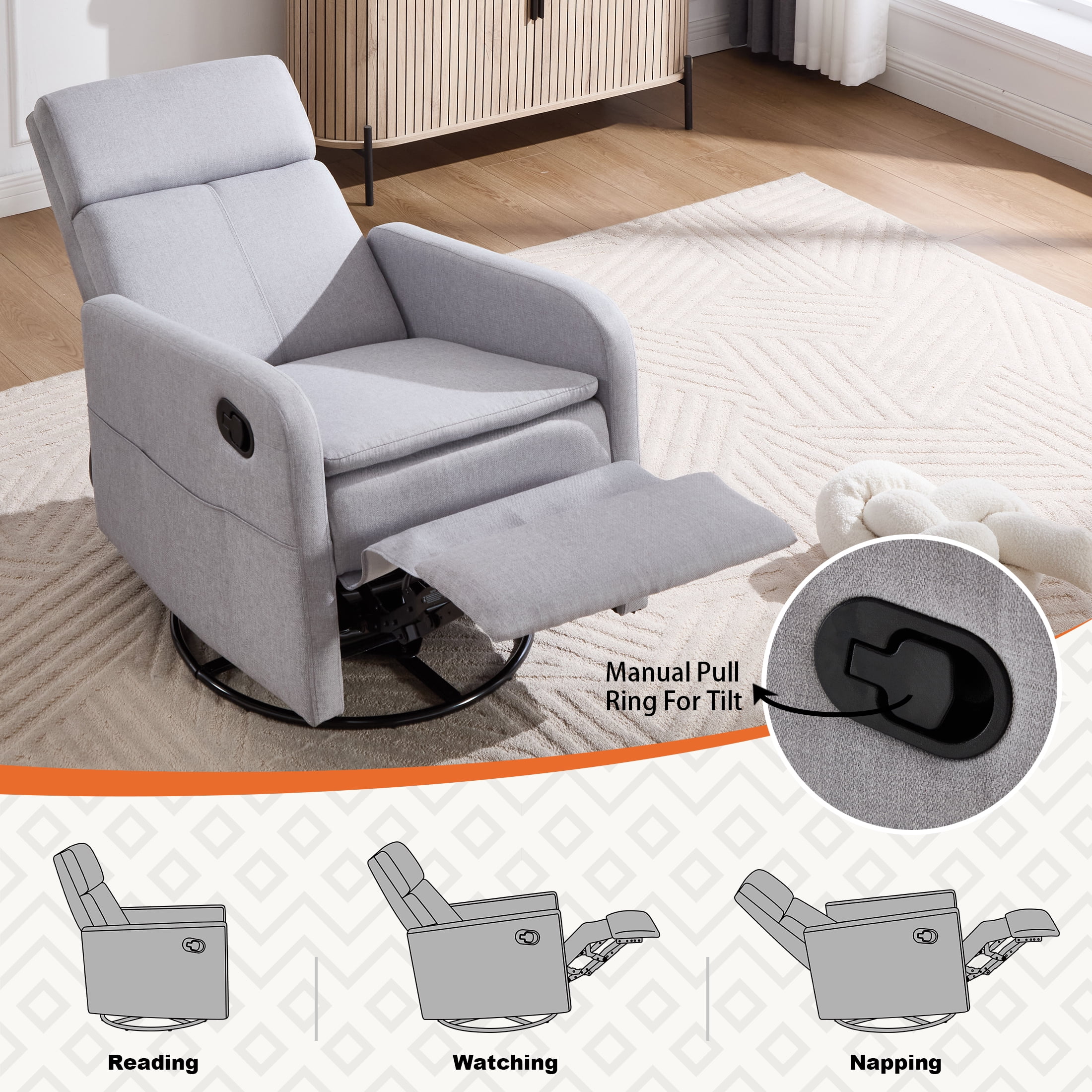 Sfxingyou Swivel Rocking Recliner Chair for Adults, Fabric Solid Print Reclining Sofa for Living Room with Adjustable Headrest