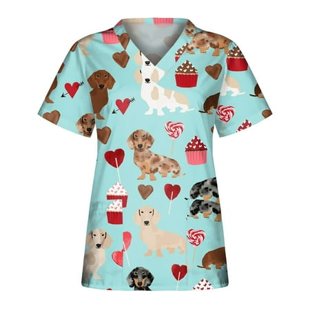 

Women Scrub_Top Working Uniform Blouse Short Sleeve V-Neck Workwear T-Shirt with Pocket Comfy Tops L