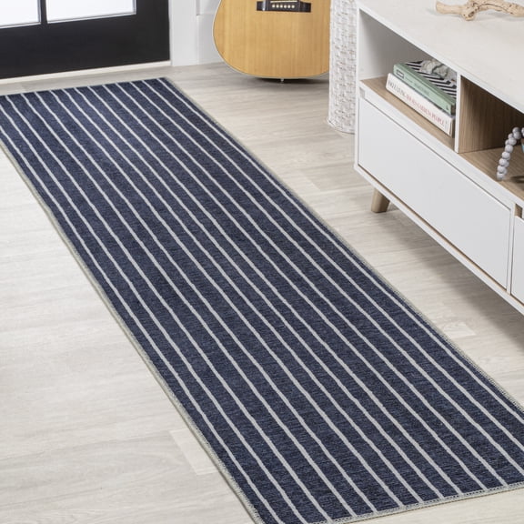 JONATHAN Y WASHABLE 2 x 8 Runner Rug, Rand Distressed Stripe - Navy/Gray, WSH119A-28